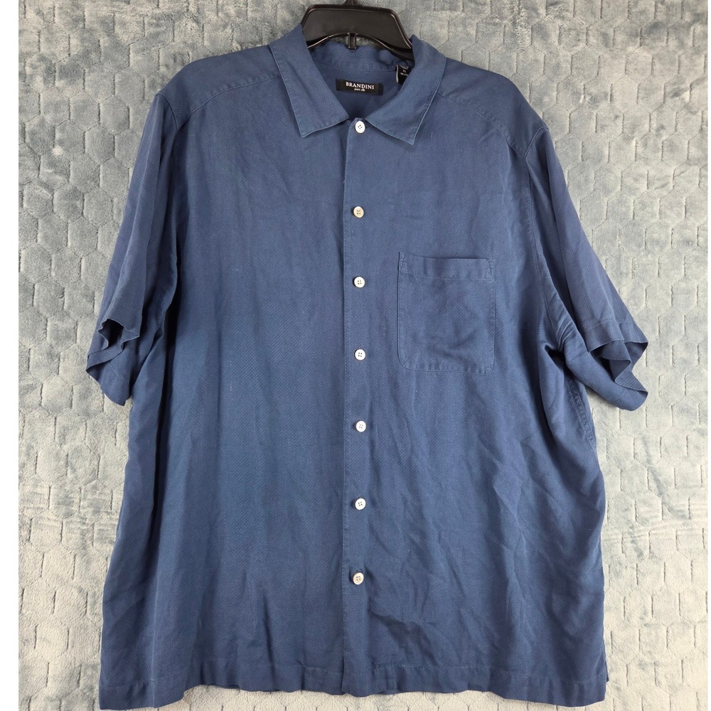 Brandini Men XL Navy Blue 100% Pure Silk Textured Short Sleeve Button Down Shirt